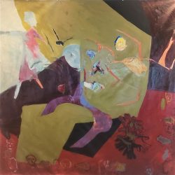 mmmy-sharona-blood-on-their-hands-2020-64.5-x-64.5-acrylic-oil-stick-collage-on-canvas-grommets